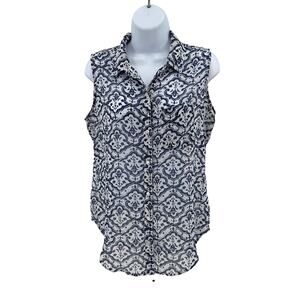 Liz Claiborne Blue/White Floral Button-Up Sheer Tank Top WMNS XL Summer Office